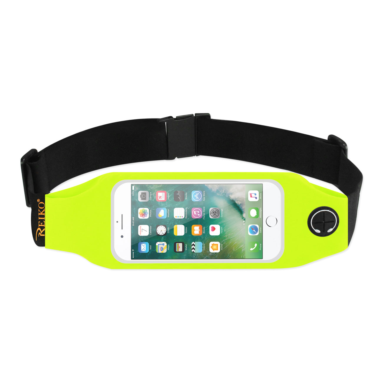 REIKO RUNNING SPORT BELT FOR 5 INCHES DEVICE WITH TWO POCKETS AND LED IN GREEN (5x5 INCHES)(SWB05-UNI50GR)
